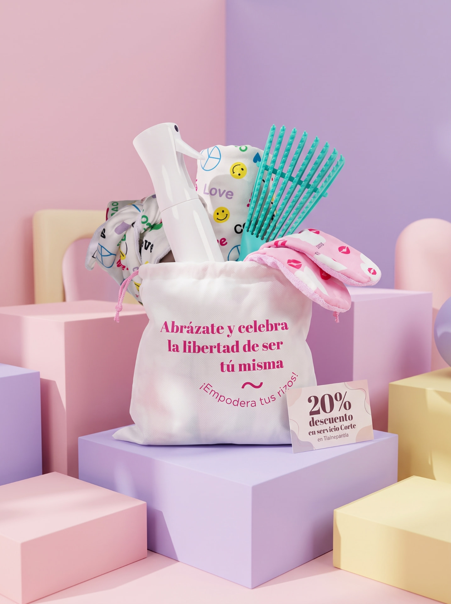 Bolsa de bienvenida Rizada y Libre con plopping, cepillo tipo pulpo, dosificador y guantes